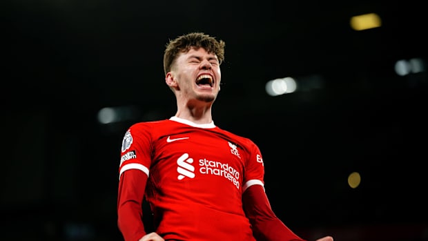 Conor Bradley pictured celebrating after scoring the first goal of his Liverpool career in a 4-1 win over Chelsea in January 2024
